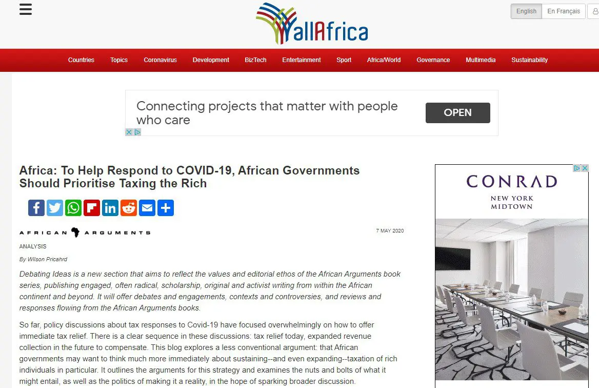Capture d'écran de l'article d'AllAfrica : To Help Respond to Covid-19, African Governments Should Prioritise Taxing the Rich