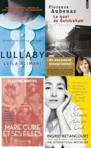 Couvertures des livres Chanson douce, Le Quai de Ouistreham, Marie Curie et ses filles et Même le silence a une fin