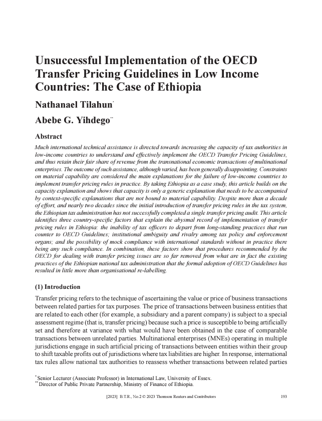 Unsuccessful Implementation of the OECD Transfer Pricing Guidelines in Low Income Countries: The Case of Ethiopia