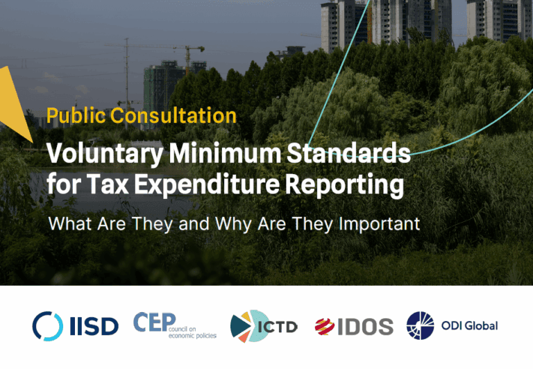 Bannière de la consultation publique Voluntary Minimum Standards for Tax Expenditure Reporting, avec les logos de l'IISD, du CEP, de l'ICTD, de l'IDOS et d'ODI Global