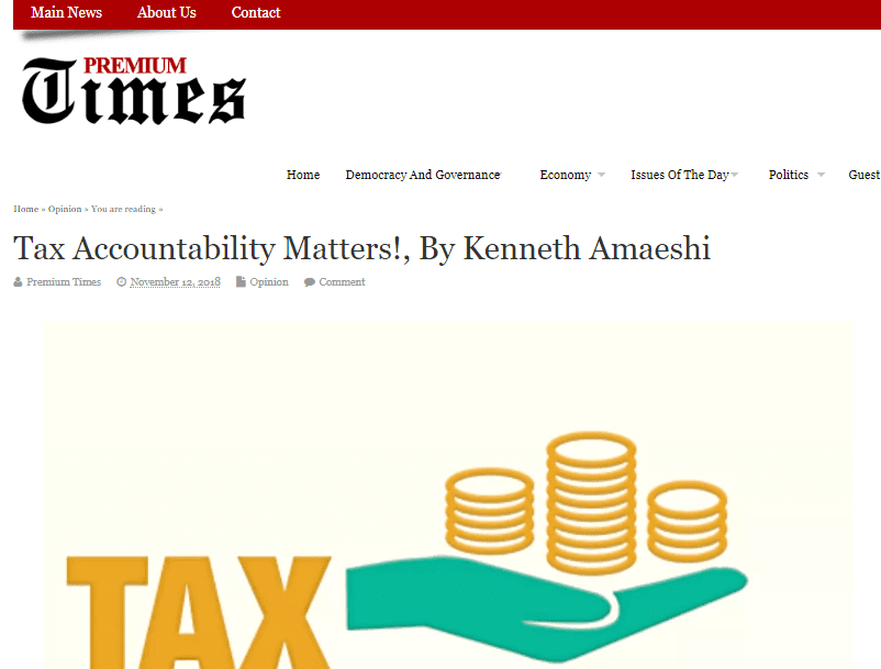 Capture d'écran de la tribune de Premium Times : Tax Accountability Matters!, de Kenneth Amaeshi