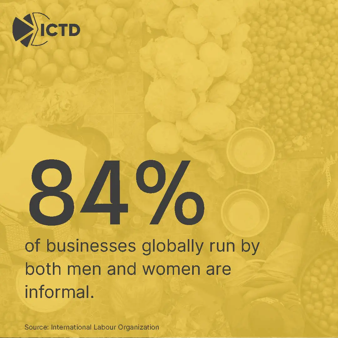 Slide 4 of 8: 84% of businesses globally run by both men and women are informal (International Labour Organization)