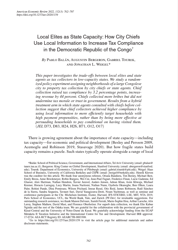 Local Elites as State Capacity: How City Chiefs Use Local Information to Increase Tax Compliance in the Democratic Republic