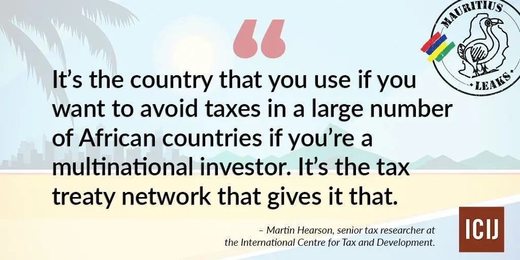 Quote card from ICIJ's Mauritius Leaks quoting Martin Hearson on tax treaty networks
