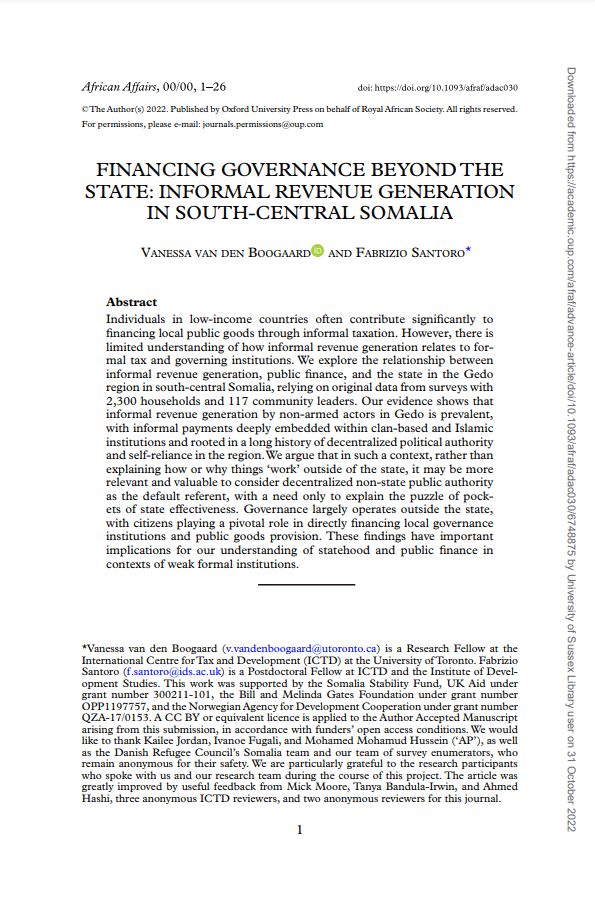 Financing governance beyond the state: Informal revenue generation in south-central Somalia