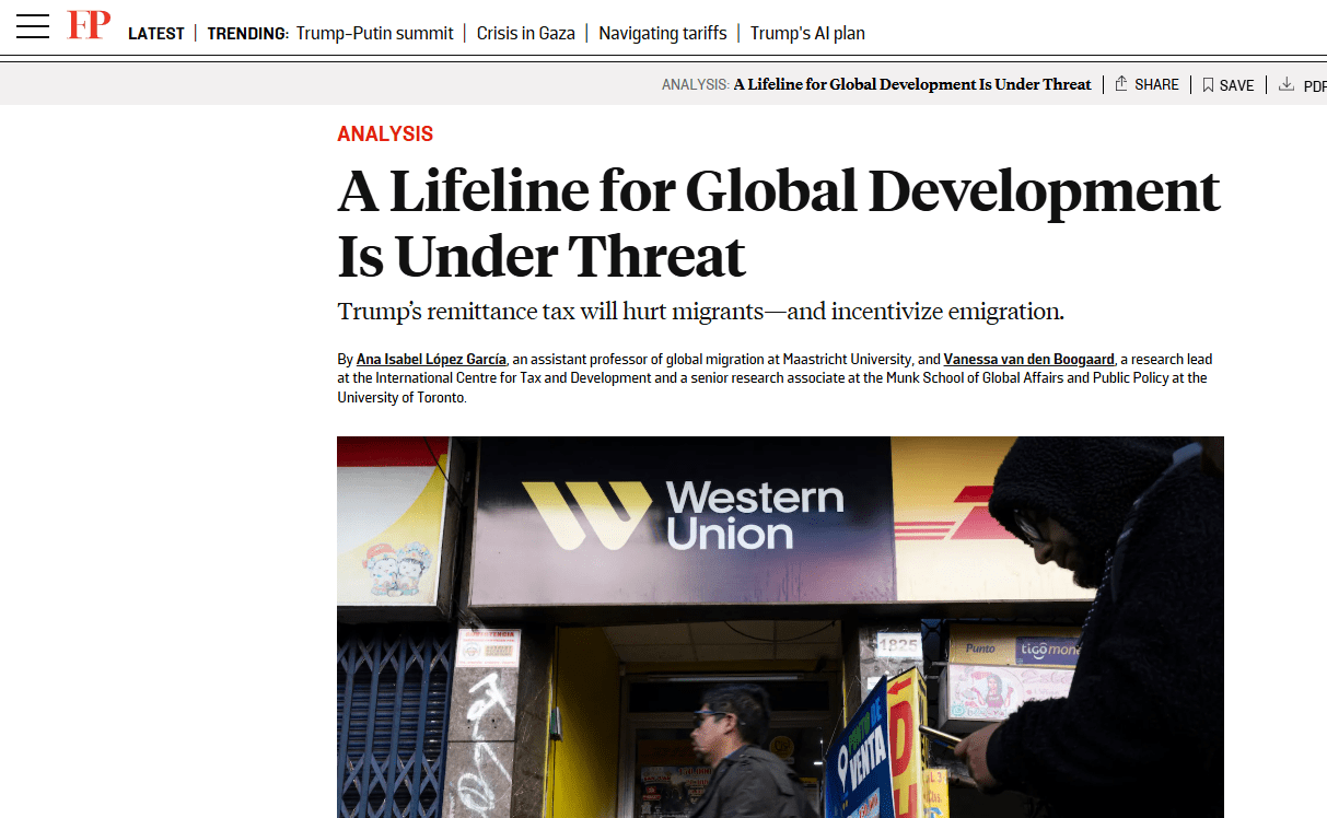 Vanessa van den Boogaard pens piece on Trump's remittance tax for Foreign Policy