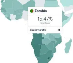 Map of Africa from the Government Revenue Dataset showing Zambia's total taxes at 15.47%