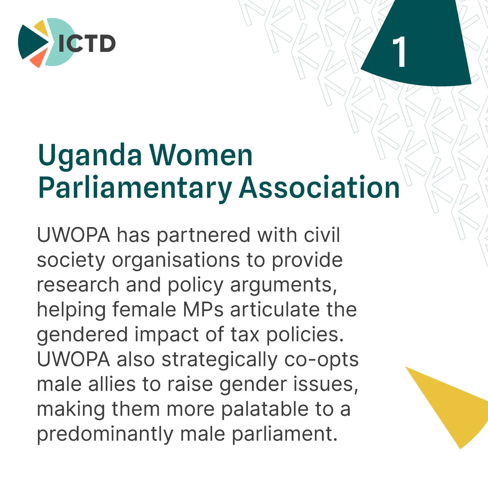 Slide 3 of 9: reason 1, the Uganda Women Parliamentary Association worked with civil society and male allies to raise the gendered impact of tax