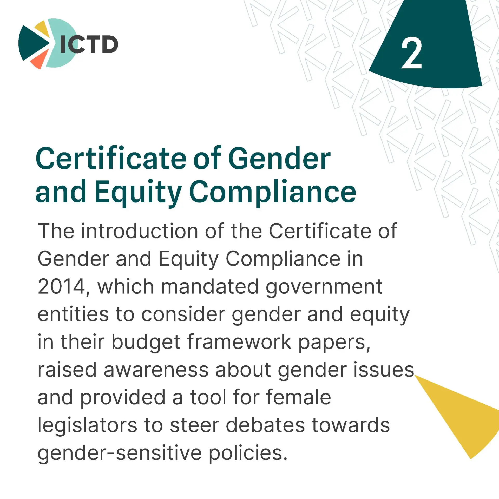 Slide 5 of 9: reason 2, the 2014 Certificate of Gender and Equity Compliance required budget papers to consider gender and equity