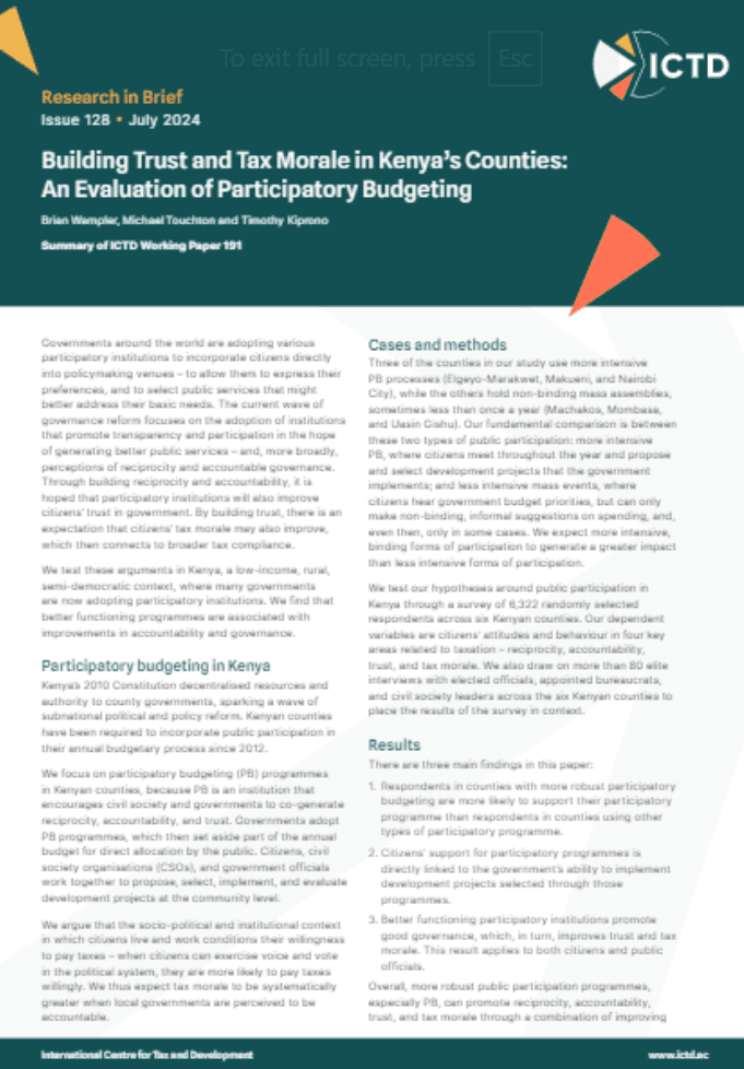 Building Trust and Tax Morale in Kenya’s Counties: An Evaluation of Participatory Budgeting