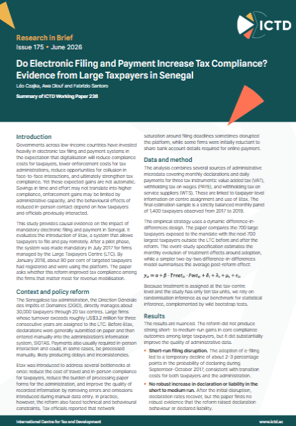 Cover of ICTD Research in Brief 175, entitled 'Do Electronic Filing and Payment Increase Tax Compliance? Evidence from Large Taxpayers in Senegal'