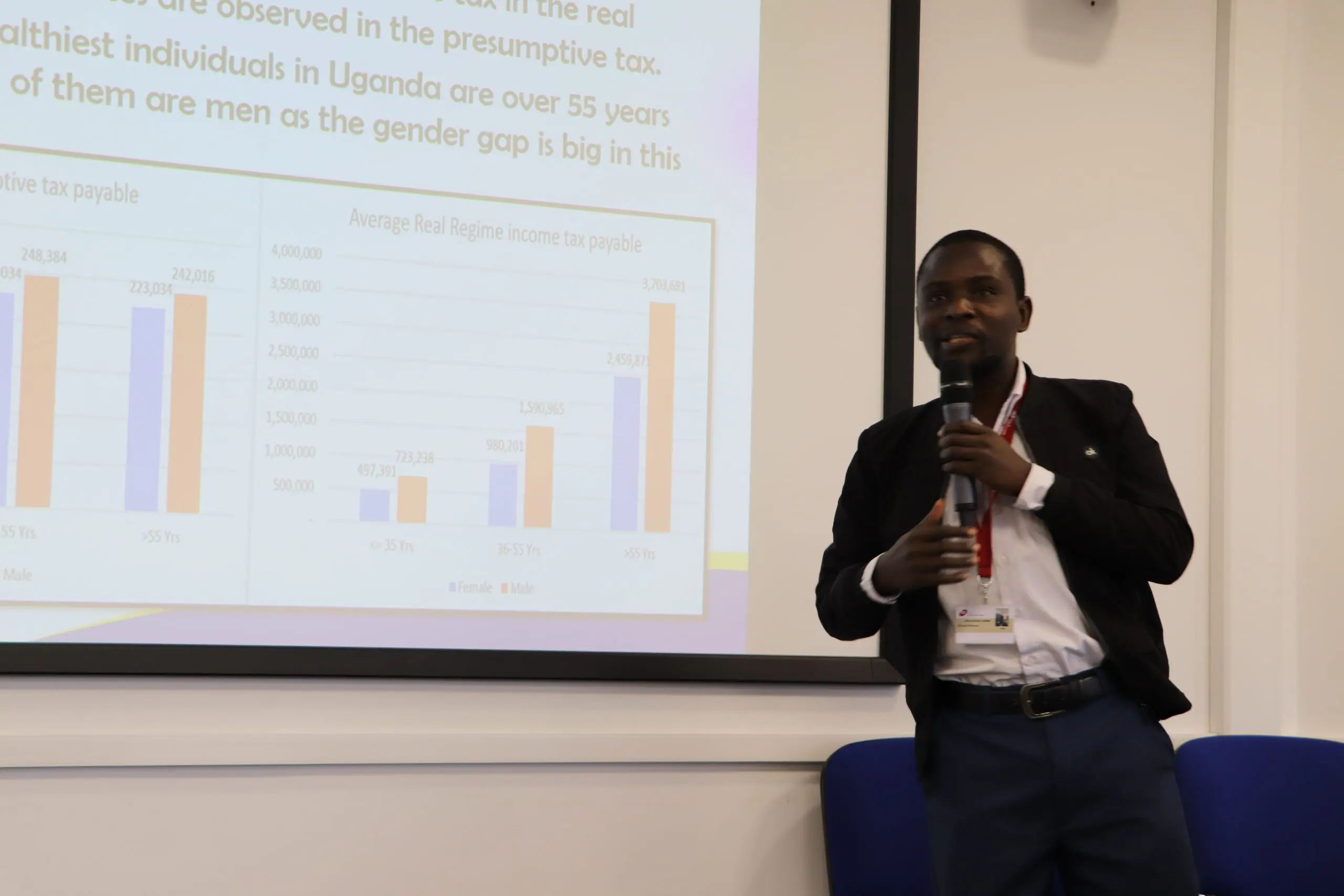 A Visiting Fellow presenting research on presumptive tax in Uganda
