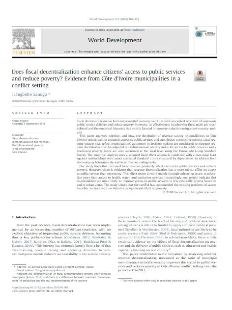 Does Fiscal Decentralization Enhance Citizens’ Access to Public Services and Reduce Poverty? Evidence from Côte d’Ivoire