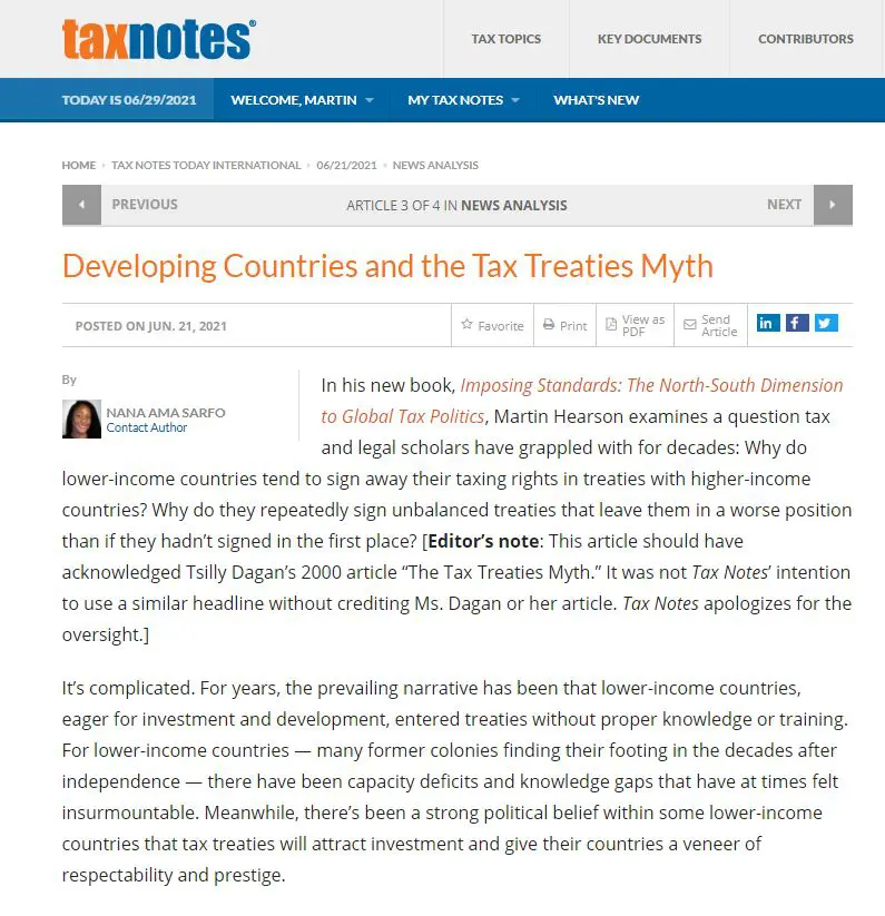 Tax Notes consacre une recension à l’ouvrage Imposing Standards de Martin Hearson