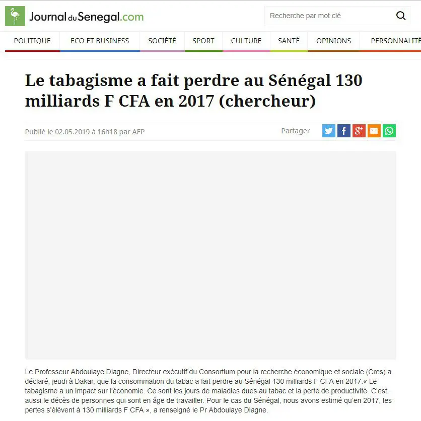 Le Journal du Senegal consacre un article au projet de l’ICTD sur la fiscalité du tabac