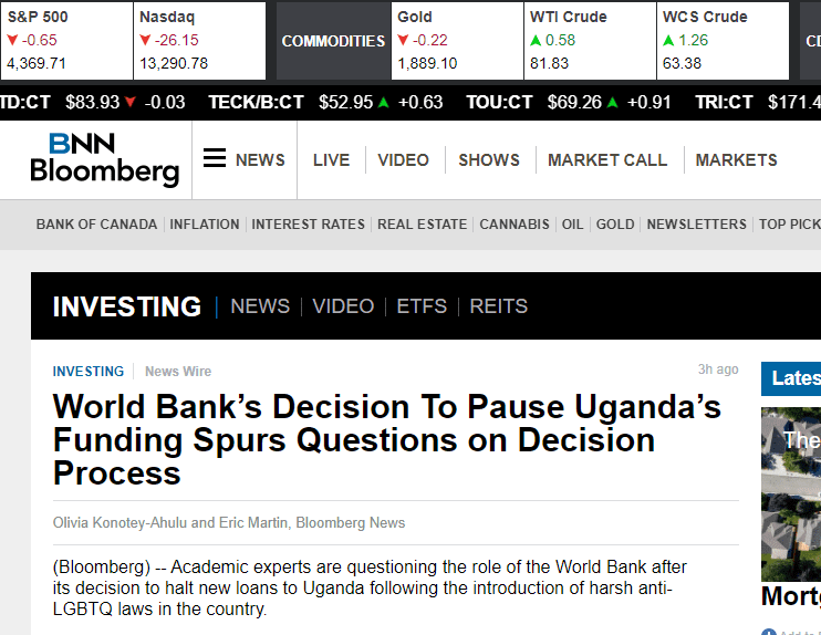 Mick Moore quoted in Bloomberg on World Bank's decision to halt new loans to Uganda