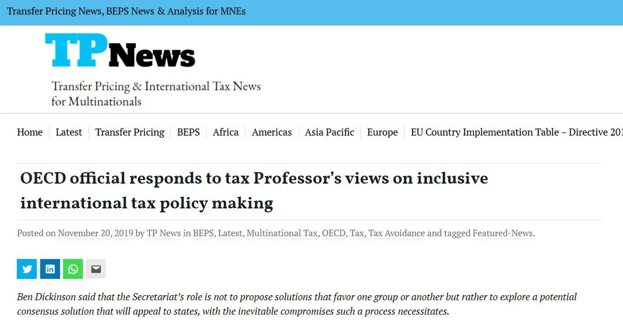 Capture d'écran de l'article de TP News : OECD official responds to tax professor's views on inclusive tax policy making