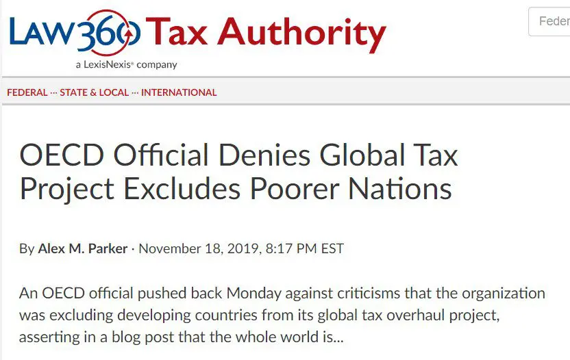 Capture d'écran de l'article de Law360 : OECD Official Denies Global Tax Project Excludes Poorer Nations