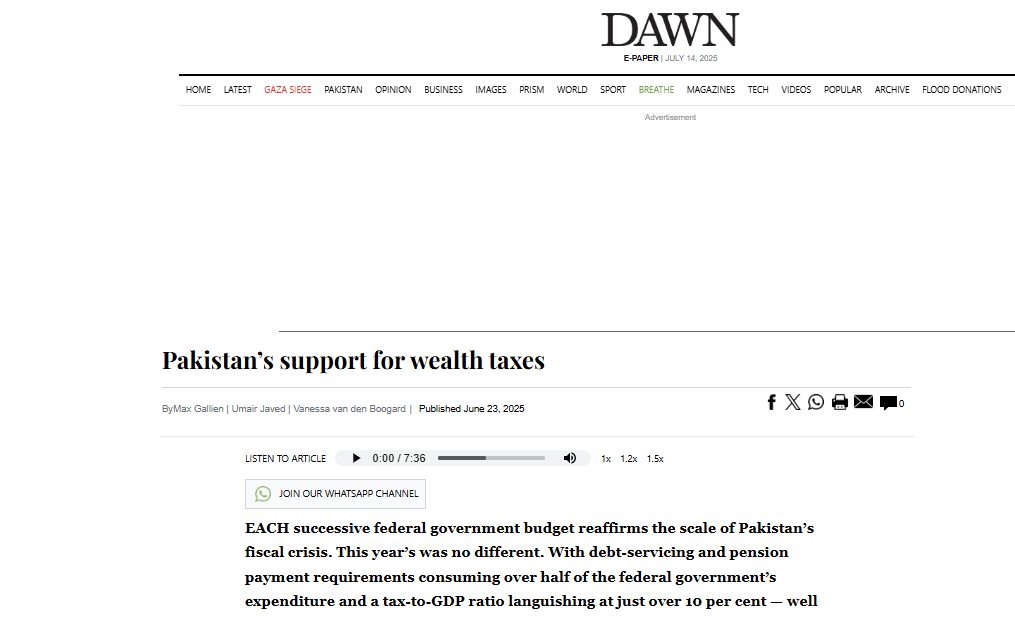 Max Gallien, Vanessa van den Boogaard, and external author Umair Javed pen op-ed on support for wealth taxes in Pakistan