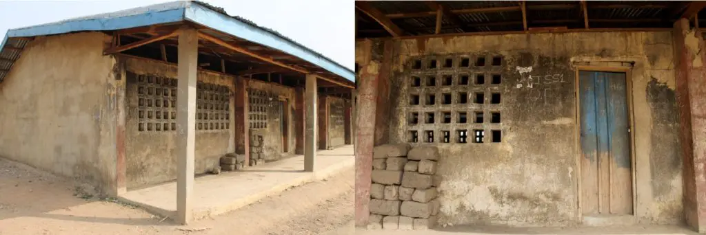 Two photos of a junior secondary community school built by the community in Sierra Leone