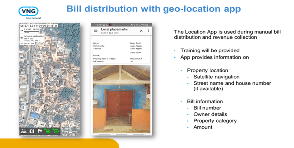 Slide on bill distribution with a geo-location app, showing a satellite map and a property record