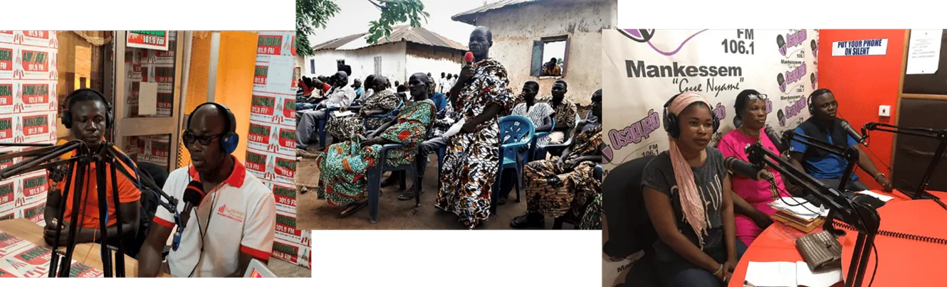 Photos of property tax sensitisation in Ghana, including a radio broadcast and a public meeting