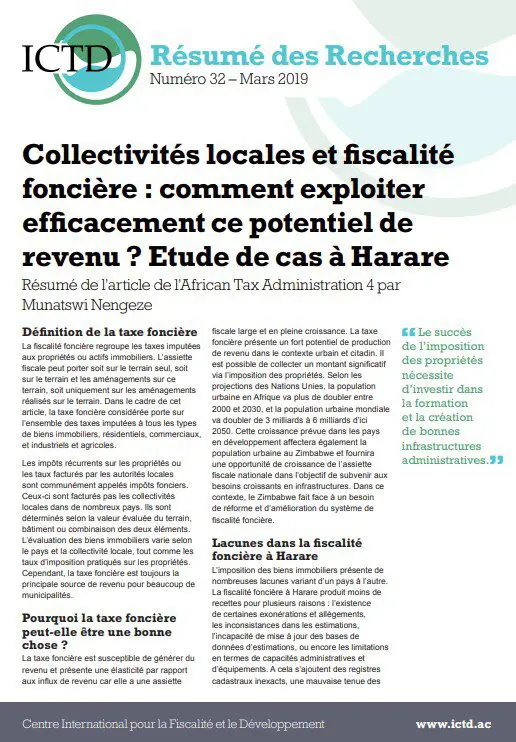 Collectivités locales et fiscalité foncière : comment exploiter efficacement ce potentiel de revenu ? Etude de cas à Harare