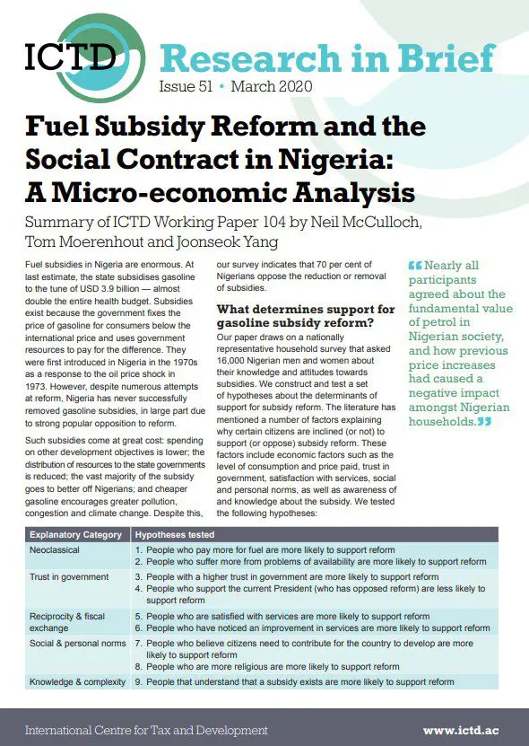 Fuel Subsidy Reform and the Social Contract in Nigeria: a Micro-economic Analysis