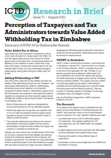 Perception of Taxpayers and Tax Administrators towards Value Added With holding Tax in Zimbabwe