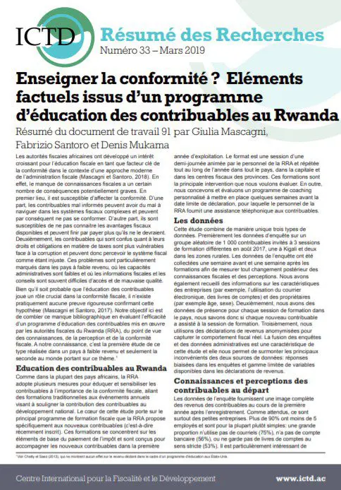 Enseigner la conformité ? Eléments factuels issus d’un programme d’éducation des contribuables au Rwanda
