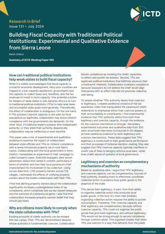 Building Fiscal Capacity with Traditional Political Institutions: Experimental and Qualitative Evidence from Sierra Leone