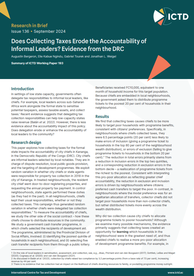 Does Collecting Taxes Erode the Accountability of Informal Leaders? Evidence from the DRC