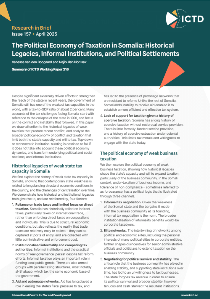 The Political Economy of Taxation in Somalia: Historical Legacies, Informal Institutions, and Political Settlements