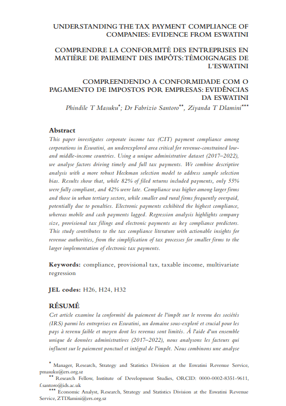 Understanding the Tax Payment Compliance of Companies: Evidence from Eswatini