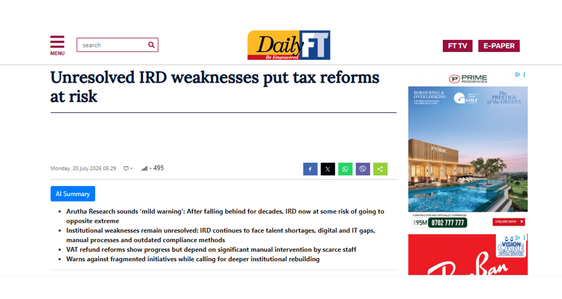 Mick Moore's brief on Sri Lanka's revenue department makes headlines in local outlet