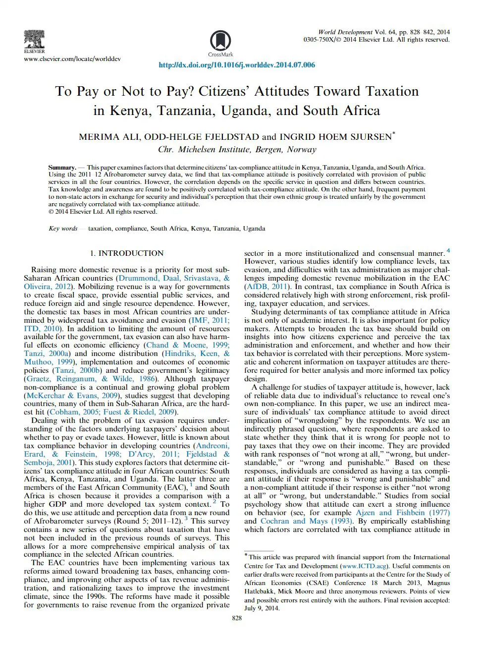 To Pay or Not to Pay? Citizen's Attitudes Towards Taxation in Kenya, Uganda, Tanzania and South Africa