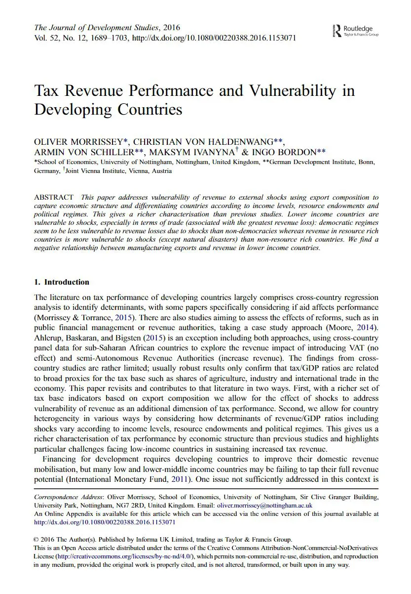 Tax Revenue Performance and Vulnerability in Developing Countries