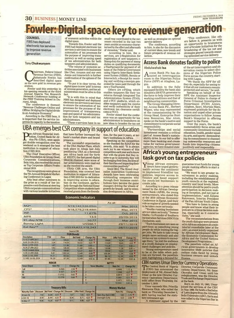 Newspaper page with the article: Fowler: Digital space key to revenue generation