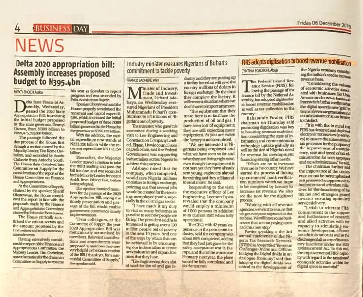Business Day newspaper page with coverage of the FIRS move to digital tax administration
