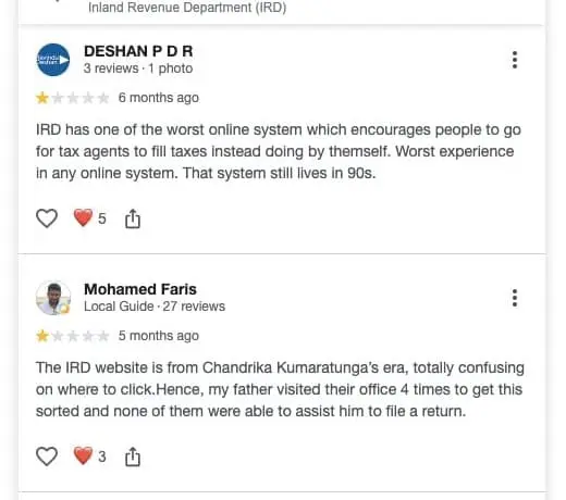 Capture d'écran d'avis Google négatifs sur l'Inland Revenue Department du Sri Lanka
