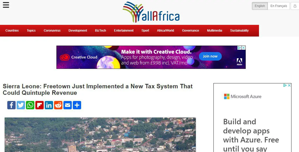 Capture d'écran de l'article d'AllAfrica : Freetown Just Implemented a New Tax System That Could Quintuple Revenue