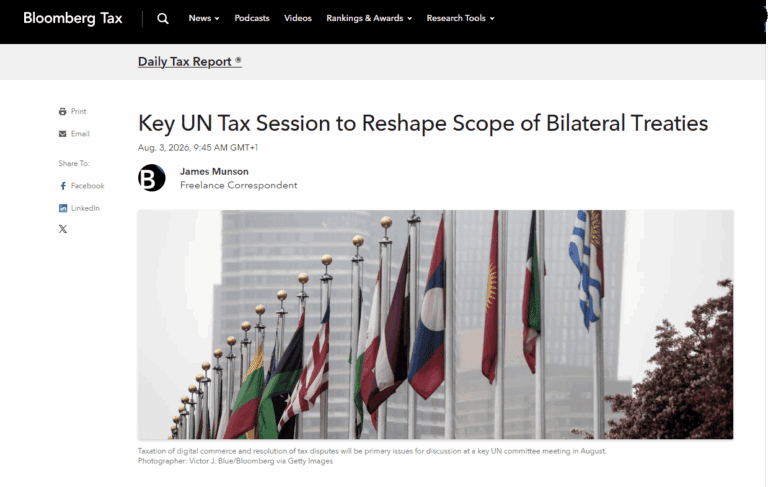 Capture d'écran de l'article de Bloomberg Tax Key UN Tax Session to Reshape Scope of Bilateral Treaties