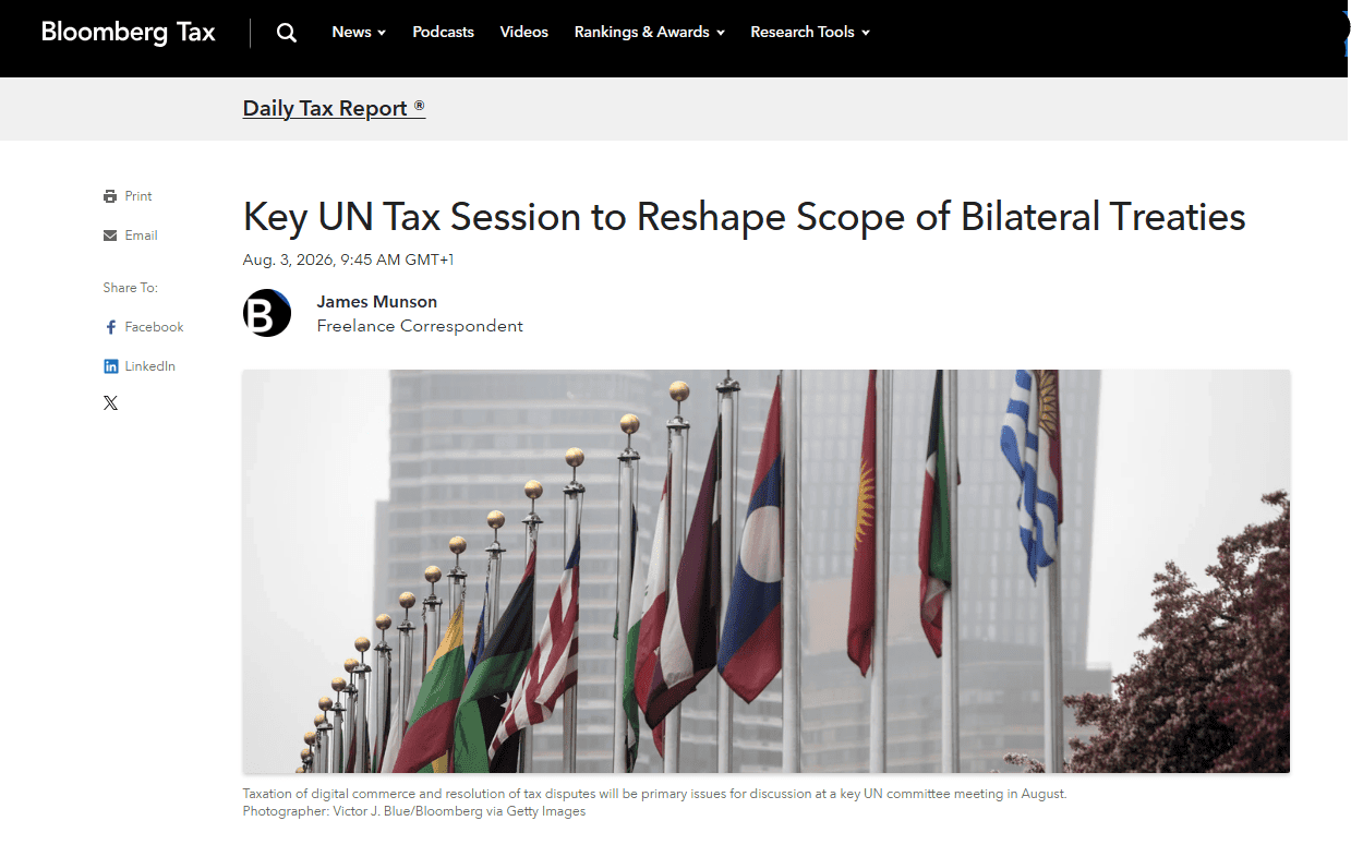Capture d'écran de l'article de Bloomberg Tax Key UN Tax Session to Reshape Scope of Bilateral Treaties