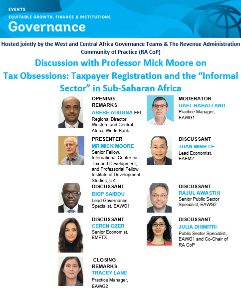 Event flyer: discussion with Professor Mick Moore on tax obsessions and taxpayer registration, with speaker photos