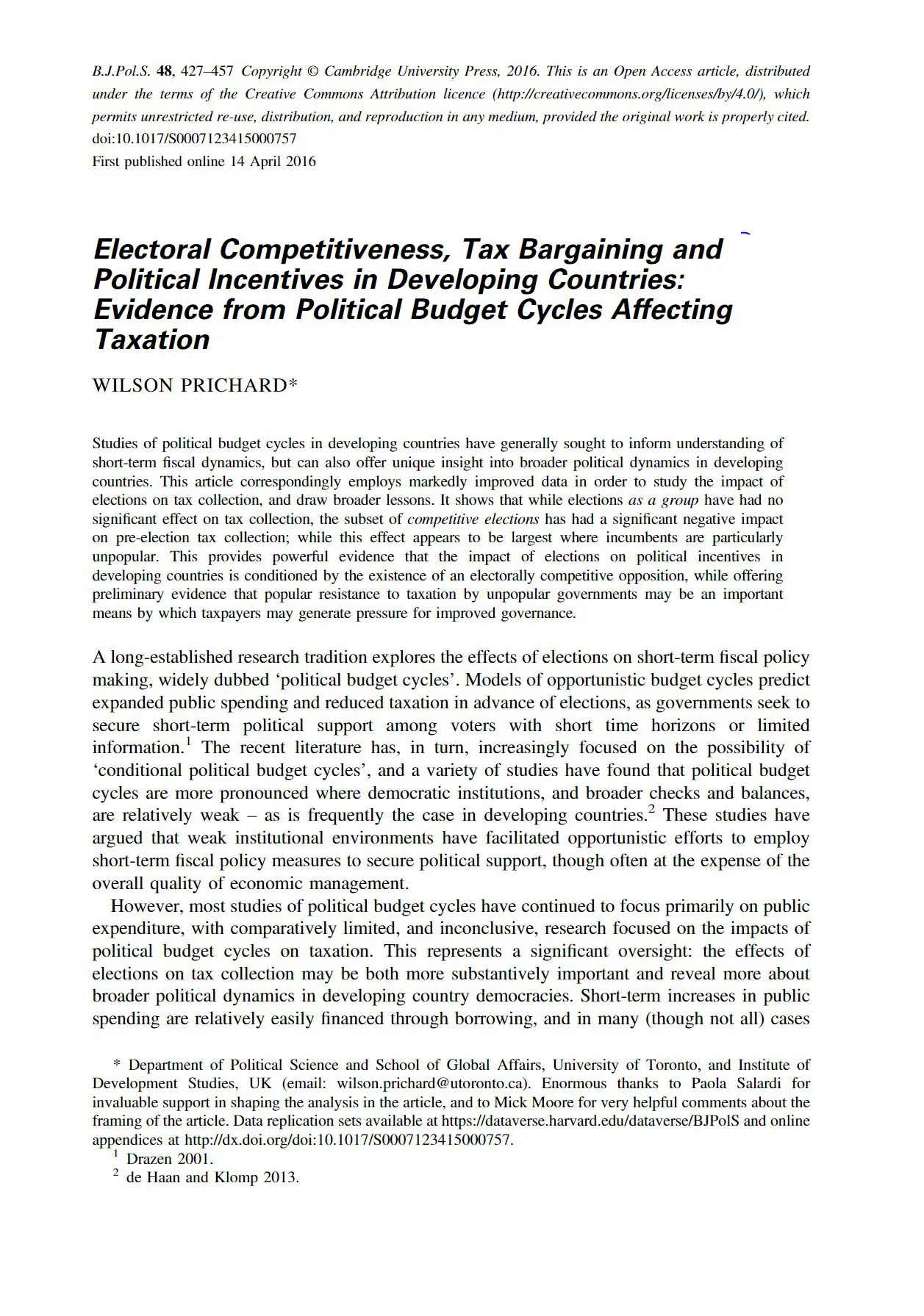 Electoral Competitiveness, Tax Bargaining and Political Incentives in Developing Countries: Evidence from Political Budget