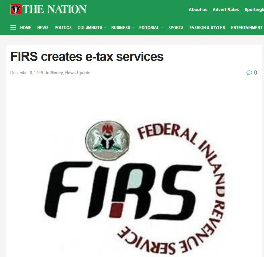 Capture d'écran de l'article de The Nation : FIRS creates e-tax services