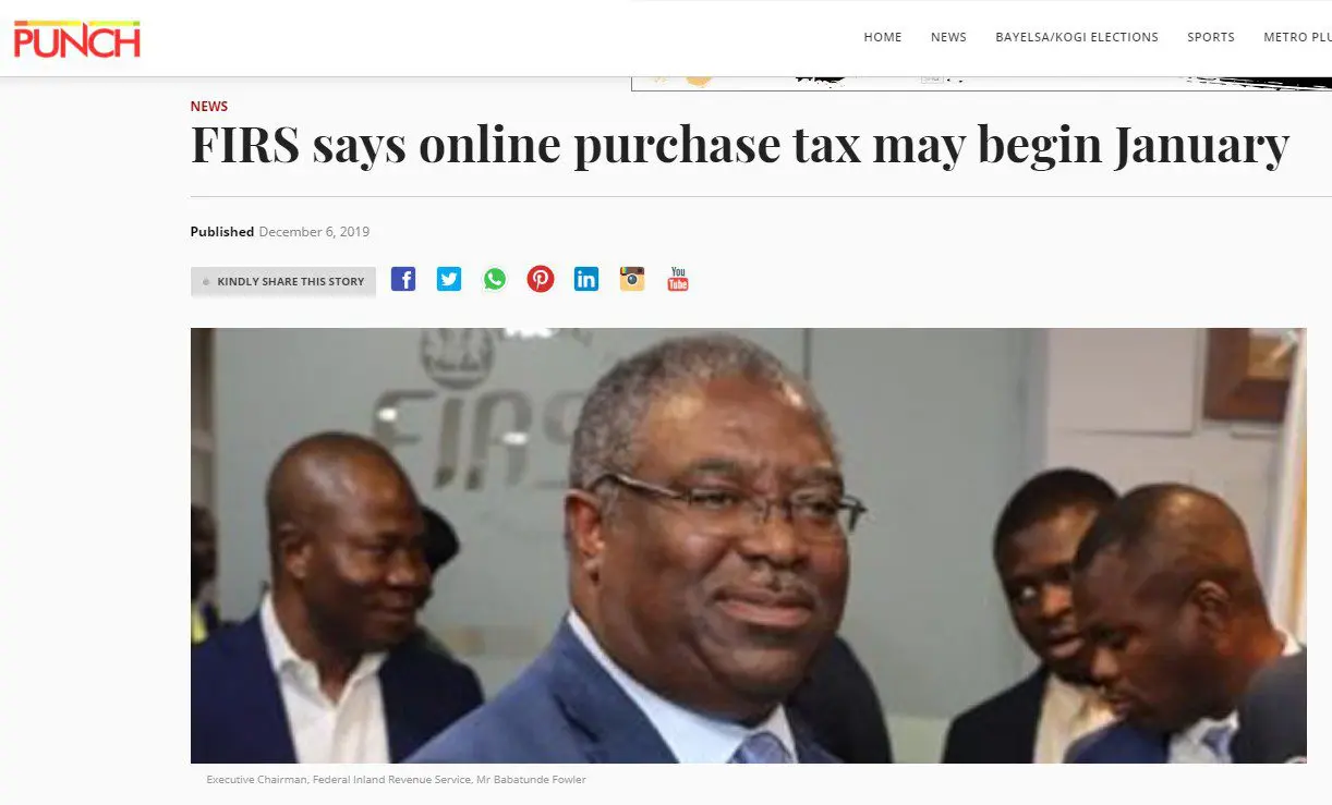 Capture d'écran de l'article de Punch : FIRS says online purchase tax may begin January