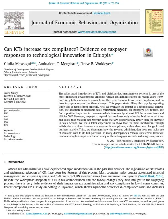 Can ICTs increase tax compliance? Evidence on taxpayer responses to technological innovation in Ethiopia