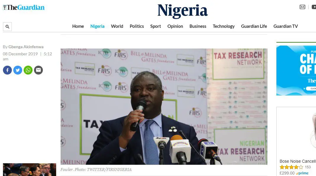 Capture d'écran de l'article du Guardian Nigeria avec une photo du Dr Fowler s'exprimant à la conférence du NTRN