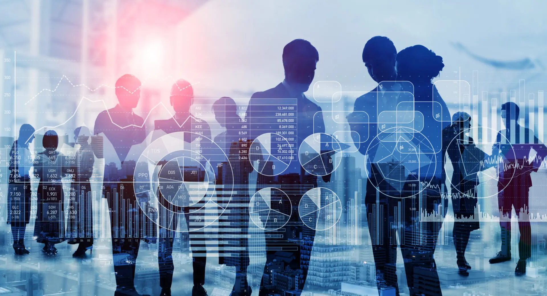 Silhouettes of men and women inthe background, with piecharts and data tables in the foreground.
